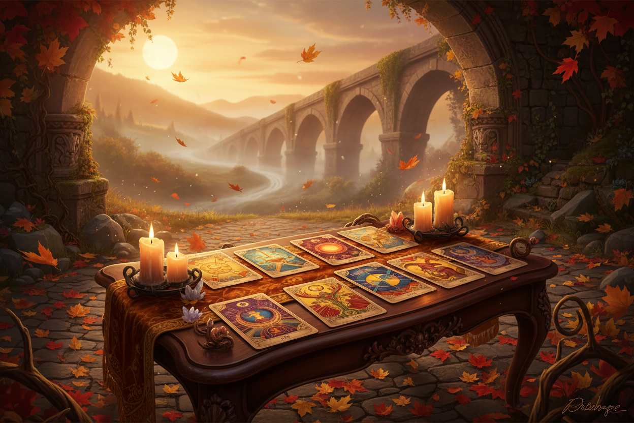 Warm and welcoming tarot cards on a golden-lit stone bridge with candles and autumn leaves