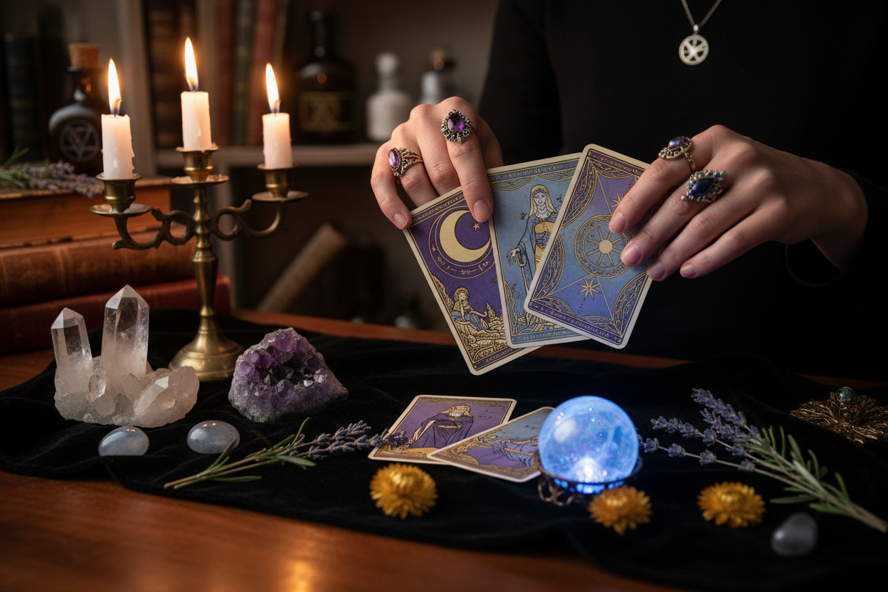 Mystical tarot reading scene with candlelight, tarot cards, crystals and deep purple tones
